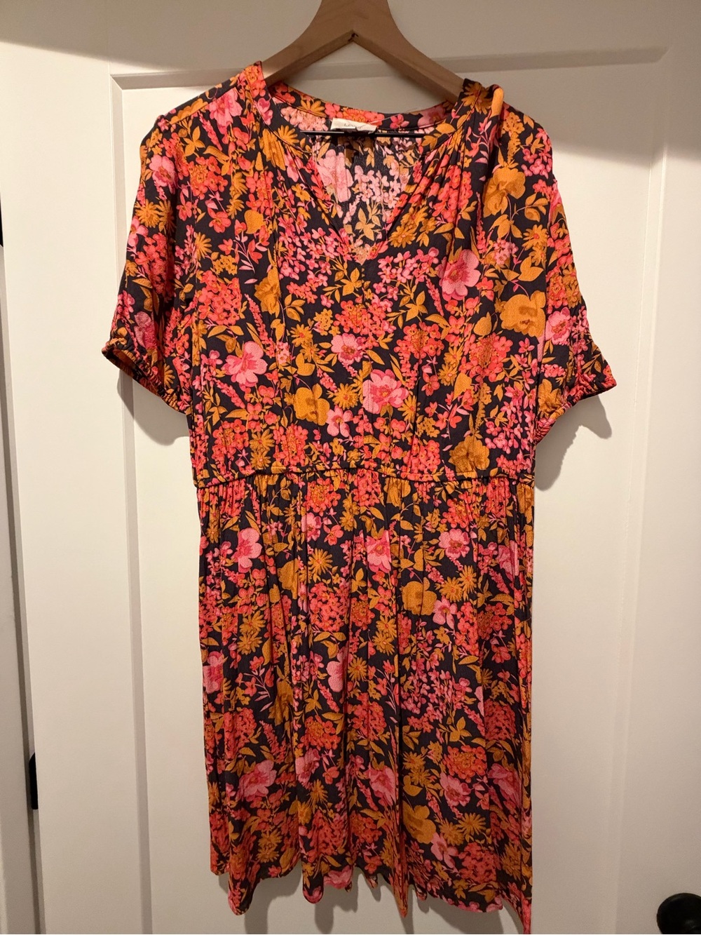 LOFT Floral V-Neck Short Sleeve Midi Dress in Pink & Orange